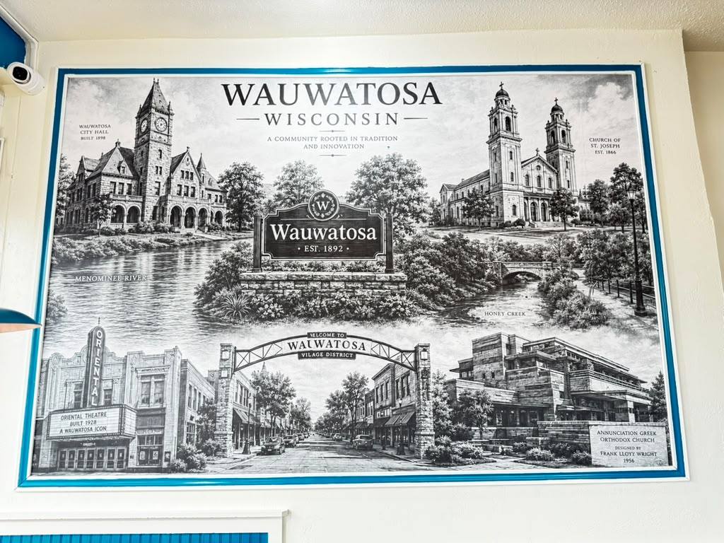Wauwatosa, Wisconsin mural: City Hall, St. Joseph church, the Village arch and Oriental Theatre